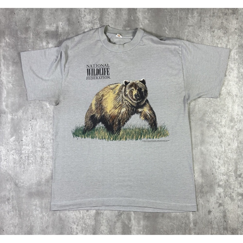 Vintage National Wildlife Federation T Shirt Brown Bear Art 90s USA Mens M